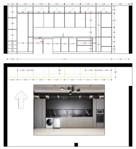 نقشه جزئیات اجرایی کابینت آشپزخانه واحد اول پروژه شاهسواری